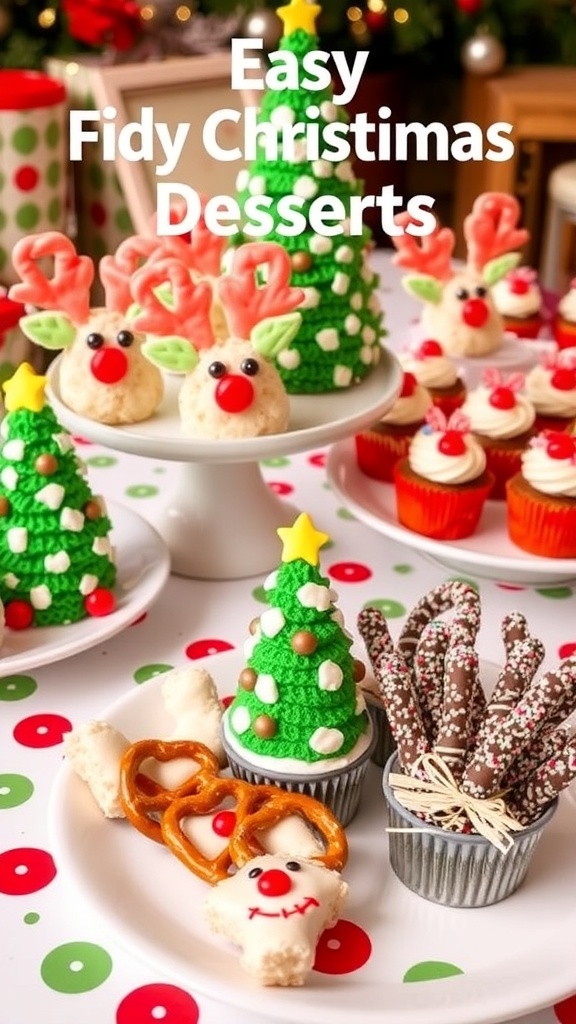 A variety of easy Christmas desserts including rice krispie treats, cupcakes, and pretzels, perfect for kids to make.
